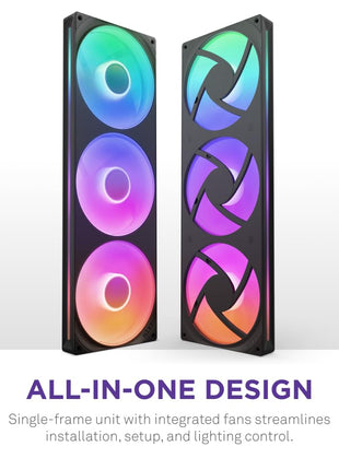 NZXT F420 RGB Core - 420mm Single-Frame RGB Fan Unit - Black | 420mm single-frame unit with three 140mm RGB fans on one cable. Speed and lighting controlled through CAM.