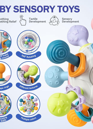 Baby Toys 6 to 12 Months, 5 In 1 Montessori Toys for 1 Year Old, Incl Travel Pull String Toy & Rattle Teether & Stacking Baby Block & Soft Infant Ring & Sensory Ball for Toddler 0-3-6-9-12 Month