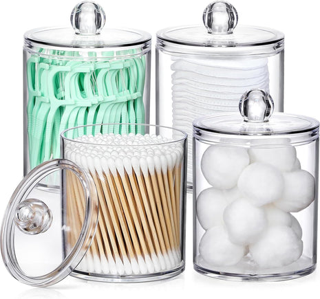 4 Pack Acrylic Qtip Holder Dispenser for Cotton Swabs, Balls, Pads, Floss Picks  Small Clear Plastic Canister Apothecary Jar Set, Bathroom Essentials Accessories Decor, Vanity Makeup Storage Organizer