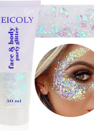 MEICOLY Clear White Body Glitter,Singer Concerts Music Festival Rave Accessories,Mermaid Face Glitter Gel,Sequins Glitter Face Paint,Chunky Hair Sparkling Halloween Glitter Gel for Women,50ml