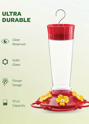 Hummingbird Feeder 10 oz [Set of 2] Plastic Feeders for Outdoors, with Built-in Ant Guard - Circular Perch with 5 Feeding Ports - Wide Mouth for Easy Filling/2 Part Base for Easy Cleaning