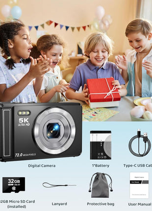 5K Digital Camera - 72MP UHD Digital Cameras for Photography - Autofocus Point and Shoot Small Camera with Flash for Kids - 2.8 Inch Screen Compact Portable Vlogging Camara with 16X Zoom, 32GB SD Card