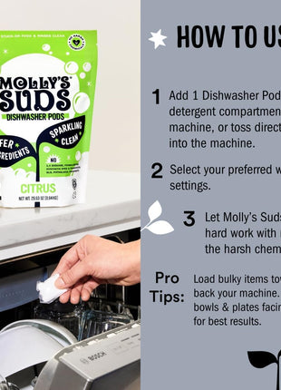 Molly's Suds Dishwasher Pods | Clean Dishwasher Detergent, Cuts Grease & Rinses Clean (Residue-Free) for Sparkling Dishes | 60 Auto-Release Tabs (Unscented)
