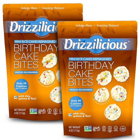 Drizzilicious Mini Flavored Rice Cakes Birthday Cake - Rice Crisps, Healthy Snack for Adults and Kids, Vegan, Gluten Free Snack, Allergen Free, Only 90 Calories Per 21 Pieces - 4 oz (Pack of 2)