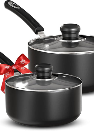 Utopia Kitchen Nonstick Saucepan Set, Cooking Pots with Lids, 1 Quart and 2 Quarts Multipurpose Kitchen Small Pots for Cooking Nonstick With Lids, 1 qt & 2 qt Set, Grey & Black