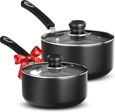 Utopia Kitchen Nonstick Saucepan Set, Cooking Pots with Lids, 1 Quart and 2 Quarts Multipurpose Kitchen Small Pots for Cooking Nonstick With Lids, 1 qt & 2 qt Set, Grey & Black