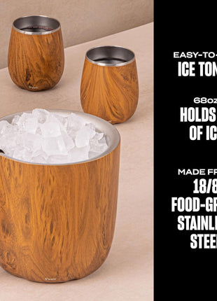 S'well Stainless Steel Ice Bucket with Tongs, 68oz Capacity, Teakwood Pattern Finish, Triple-Layer Vacuum Insulated to Keep Ice Colder Longer, BPA-Free Barware