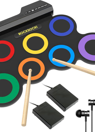 ROCKSOCKI Electric Drum Set, 7-Pad Kids Electronic Drum Set with Headphone Included, Roll-up Drum Practice Pad, Great Holiday Xmas Birthday Gift for Kids