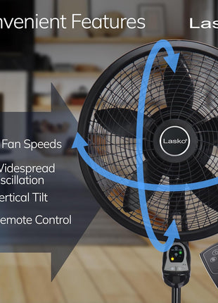 Lasko Oscillating Cyclone Pedestal Fan, Adjustable Height, Timer, Remote Control, 3 Speeds, for Bedroom, Living Room, Home Office, 18 inch, Black, 1843