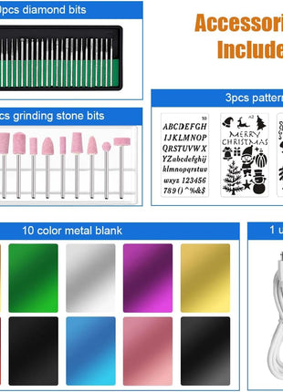 USB Engraving Pen with 47 bits,10Metal Business Card Blanks,Electric Engraver Machine Cordless Engraving Tools Engraved Jewelry Metal Resin Plastic Stone