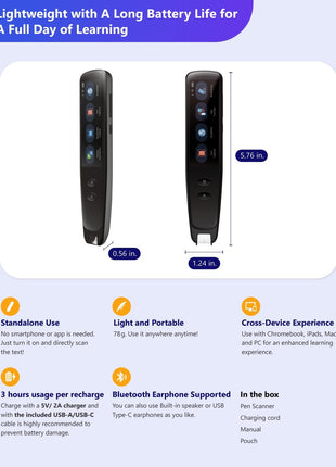 PenPower WorldPenScan Go - Translation Pen with Scanning, Reading, Audio Recording, Live Interpretation, and AI Reading Buddy for Kids