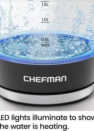 Chefman Electric Kettle, 1.8L 1500W, Hot Water Boiler, Removable Lid for Easy Cleaning, Auto Shut Off, Boil Dry Protection, Stainless Steel Filter, BPA Free, Borosilicate Glass Electric Tea Kettle