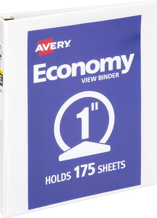 Avery Standard View 3 Ring Binder, 1" Round Rings, 175-Sheet Capacity, 1.4 Inch Wide Spine, 1 White Binder, Ideal for Lightweight Organization and Occasional Referencing (05711)