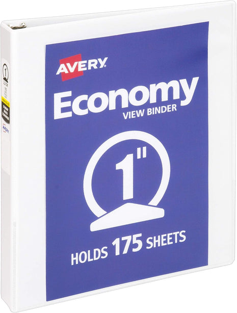 Avery Standard View 3 Ring Binder, 1" Round Rings, 175-Sheet Capacity, 1.4 Inch Wide Spine, 1 White Binder, Ideal for Lightweight Organization and Occasional Referencing (05711)