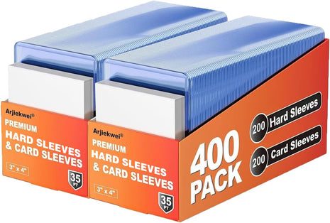 400 Card Sleeves Hard Plastic, Arjiekwei 3 inchX4 inch Baseball Cards Protectors Plastic, Premium Card Holder for Trading Sports Baseball Football Game Cards (200 Hard Sleeve + 200 Soft Sleeve)
