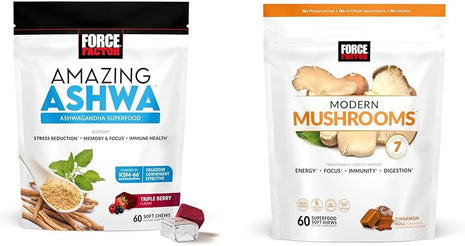 Force Factor Ashwagandha & Mushroom Supplements Bundle with KSM-66 Ashwagandha, 7 Mushrooms, 60 Soft Chews Each