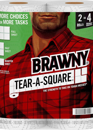 Brawny Tear-A-Square Paper Towels, 12 Double Rolls = 24 Regular Rolls, 3 Sheet Sizes (Quarter, Half, Full), Strength for All Messes, Cleanups, and Meal Prep