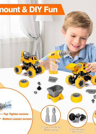 LUDILO Take Apart Construction Toys for 4 Year Old Boys Gifts Toys Age 4-6 | 4PCS Excavator Toy with Electric Drill/Kids Toy Boys 3-5/Building Learning Stem Toys for 3 4 5 6 7 Year Old Boy Birthday Gift