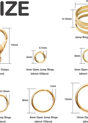 Handyman Crafts Jump Rings Kit With1000PCS Open Jump Rings 40PCS 12mm Lobster Clasps and Jump Rings Opener for Jewelry Making Keychains and Necklace Repair (Gold)