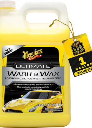 Meguiar's Ultimate Wash and Wax, Car Wash Soap and Wax Cleans & Shines in One Step, Shine & Protect with an Enhanced pH Balanced Car Paint Cleaner, 1 Gallon