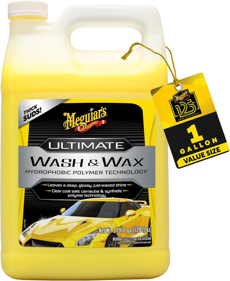 Meguiar's Ultimate Wash and Wax, Car Wash Soap and Wax Cleans & Shines in One Step, Shine & Protect with an Enhanced pH Balanced Car Paint Cleaner, 1 Gallon