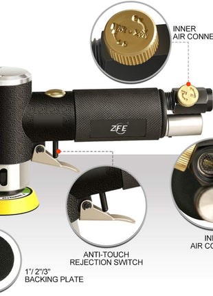1/2/3 Inch Random Orbital Air Sander, Mini Pneumatic Sander for Auto Body Work, High Speed Air Powered Polisher with 15 Polishing Buffing Pads,18 Sandpapers