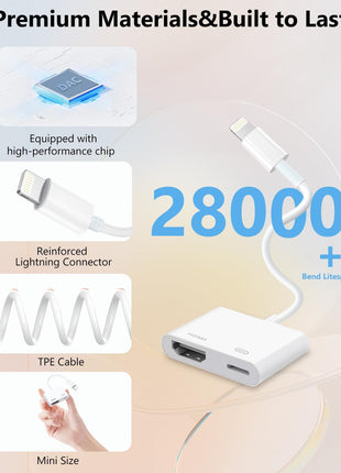 Lightning to HDMI Adapter for iPhone, [Apple MFi Certified] Digital AV Dongle, 1080P Sync Screen Cable with Lightning Charging Port for iPhone, iPad to TV/Projector/Monitor No Need Power Supply