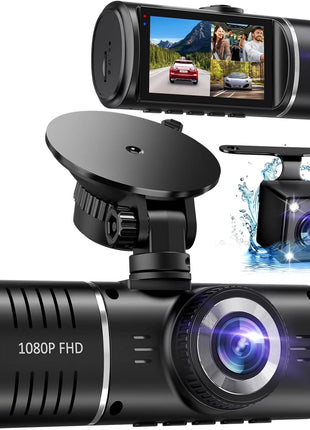 Dash Cam Front and Rear, 1080P Dash Camera for Cars, 3 Channel Car Camera Front Rear and Inside with 32GB Card, Loop Recording, Night Vision, HDR, 24Hr Parking, G-Sensor