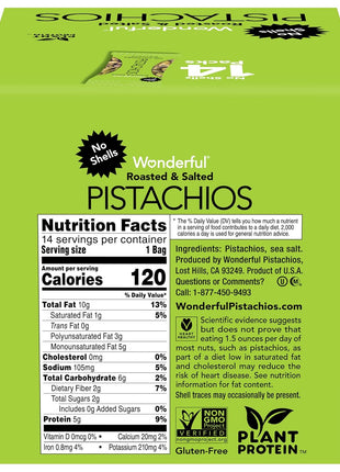 Wonderful Pistachios No Shells, Roasted & Salted Nuts, 0.75 Ounce Bag (Pack of 14), Protein Snacks, Vegan Snacks, On-the-Go, Individual Snacks for Adults