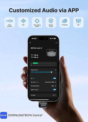 BOYA mini 2 Wireless Lavalier Microphones for iPhone 15/16/17 & Android, AI Noise Cancellation, App Control, 30H Battery Life with Charging Case, Lapel Microphone Wireless for Video Recording Vlogging