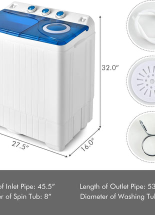 COSTWAY Portable Washing Machine, Twin Tub 26lbs Capacity Laundry Washer, 18lbs Washer and 8lbs Spinner Combo with Timer Knobs, Built-in Drain Pump, Compact Washer for Home Dorm Apartment, Blue+White