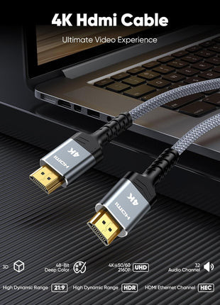 Highwings 4K HDMI Cable 6.6FT/2m | High-Speed HDMI 2.0 Quality Cord 4K@60Hz, Braided Nylon & Gold Connectors, HDR, Ethernet, ARC, 3D, HDCP 2.2, Compatible for PS-5/4/3/ HDTV/Monitor/DVD/Streaming