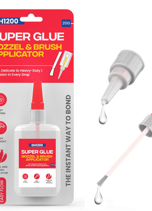 GH1200 (2-in-1) Super Glue with Brush Applicator & Nozzle, Mess Free Superglue Brush, Instant Never Dries, 3000 CPS Ca Glue, No Stain Clear Glue, Super Glue for Plastic, Rubber & More