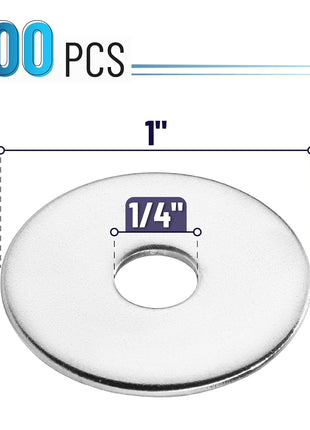Bates- Stainless Steel Fender Washers, 1/4 inchx1 inch, 100 pcs, 1/4 Stainless Steel Flat Washers, 1/4 Fender Washer