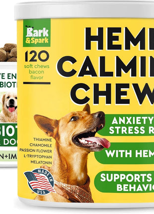 Calming Hemp + Dog Probiotics Bundle - Hemp Oil + Digestive Enzymes + Prebiotics - Anxiety Relief + Gas, Diarrhea, Allergy, Constipation, Upset Stomach Relief - Digestion + Immunity - 300 Soft Chews
