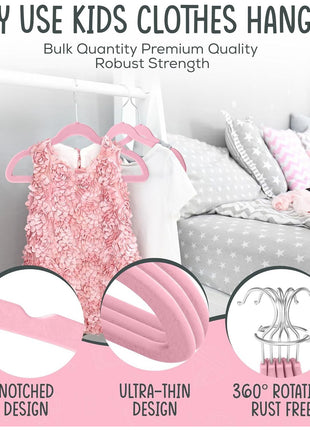 TechZoo 50 Premium Kids Velvet Hangers - 14" Non-Slip Clothes Hangers for Kids & Preteens - Ultra Slim, Space-Saving, Strong & Durable Hangers with 360° Swivel Hook - Pink
