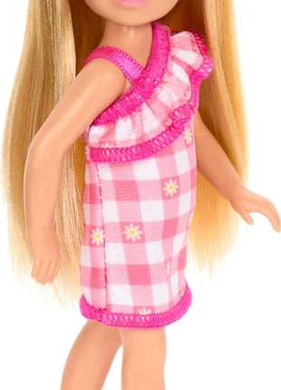 Barbie Chelsea Doll, Small Doll Wearing Removable Checked Dress & Pink Shoes with Blonde Hair & Blue Eyes