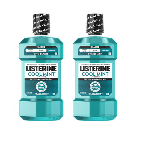 Listerine Cool Mint Antiseptic Mouthwash, Intense Mint, 33.8 fl. oz/1L x 2 | Kills 99.9% of Germs That Cause Bad Breath, Plaque, and Gingivitis, ADA-Accepted, Daily Oral Rinse for Instant Fresh Breath
