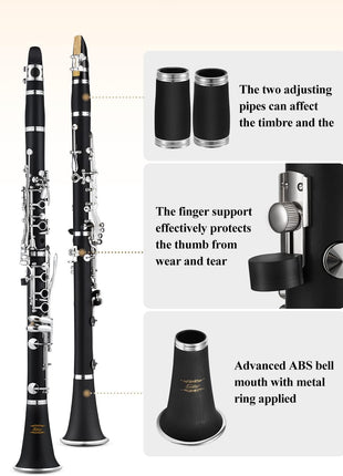 Eastar B Flat Clarinet for Beginner, Ebonite Clarinet Nickel-plated with 2 Barrels, 3 Reeds, White Gloves, Hard Case, Cleaning Kt, ECL-300