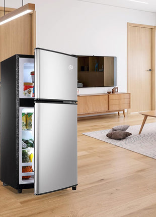 3.5 Cu.Ft Refrigerator with Freezer, 2 Doors Fridge with Adjustable Thermostat Control, Refrigerator for Kitchen, Dorm, Apartment, Garage, Office, Silver