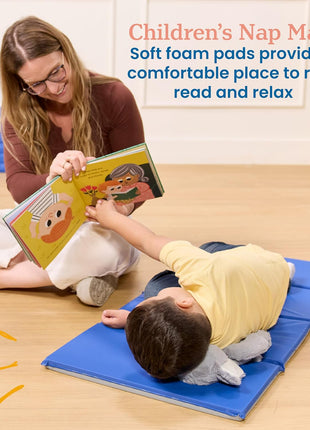 ECR4Kids Everyday Folding Rest Time Mat, 4-Section, 1in, Sleeping Pad, Blue/Grey