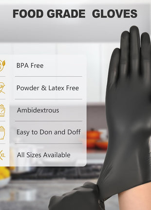 SWIFTLITE Black Vinyl Gloves, Food Grade Gloves Disposable Latex Free & Powder Free, Guantes for Cleaning Cooking Food Prep (100, Medium)