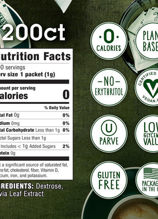 Stevia In The Raw Stevia Sweetener Packets, 200 Ct Box, 2 Pack, Zero Calorie Stevia Sugar Substitute Packets, No Erythritol or Artificial Flavors, Vegan, Gluten Free, Kosher, Low Glycemic Index