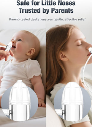 No-Mouth Suction Baby Nasal Aspirator with Hand Pump | No-mouth suction nasal aspirator with soft silicone tips, clear mucus chamber, and quiet hand pump for newborns and infants