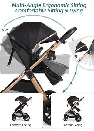 6-in-1 Convertible Baby Stroller with Bassinet Pushchair - Folding Infant Newborn Stroller w/Footmuff, Rain Cover, Cup Holder & Large Storage, Toddler w/All-Scene Large Wheels, Reversible Seat(Black)
