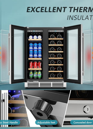 EUHOMY Wine and Beverage Refrigerator, 24 Inch Dual Zone Wine Cooler with Glass Door Hold 21 Bottles and 88 Cans, Built in or Under Counter Wine Fridge with Blue LED Light