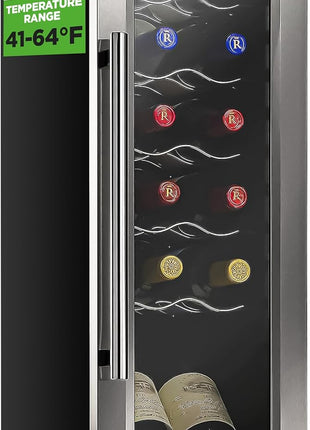 Nutrichef 12 Bottle Stainless Steel Slim Wine Fridge | Red & White Wine Chiller | Adjustable Temperature Control, Ultra Quiet Operation & Energy Efficient | Mini Wine Cooler Refrigerator | 31x10x17 IN