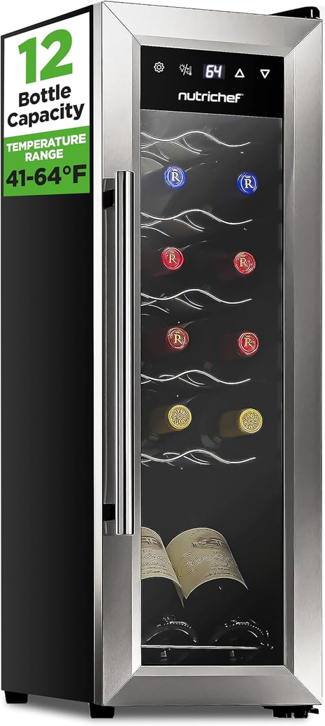 Nutrichef 12 Bottle Stainless Steel Slim Wine Fridge | Red & White Wine Chiller | Adjustable Temperature Control, Ultra Quiet Operation & Energy Efficient | Mini Wine Cooler Refrigerator | 31x10x17 IN