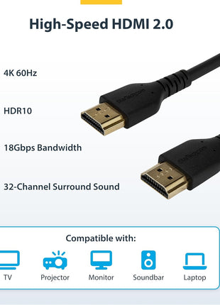 StarTech.com 5ft (1.5m) Slim HDMI Cable, Flexible Premium HDMI 2.0 Cord with Ethernet, UHD 4K 60Hz HDR10, Durable Aramid Fiber Design with TPE Jacket