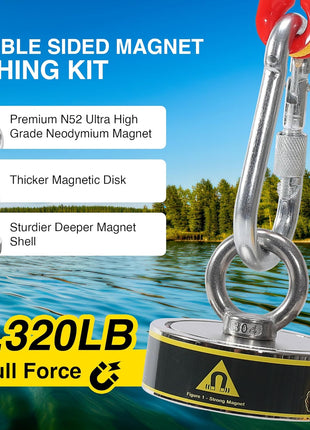 1320LB鈥檚 Complete Magnet Fishing Kit | Double Sided Fishing Magnet Kit with Case | Includes Strong Neodymium N52 Magnets, Durable 65ft Rope, Carabiner, Gloves, Grappling Hook & Carry Case